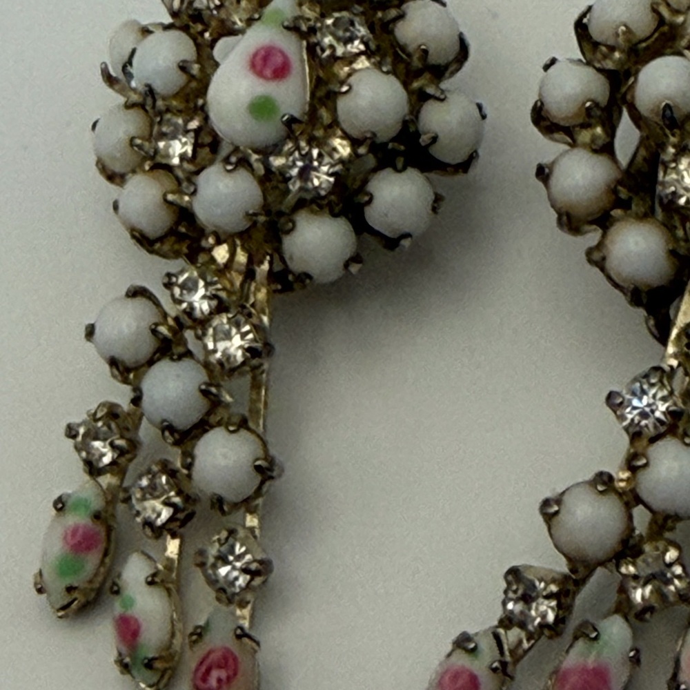 Vintage Hand Painted Milk Glass Rhinestone Dangle Clip Ons - Picture 4 of 6